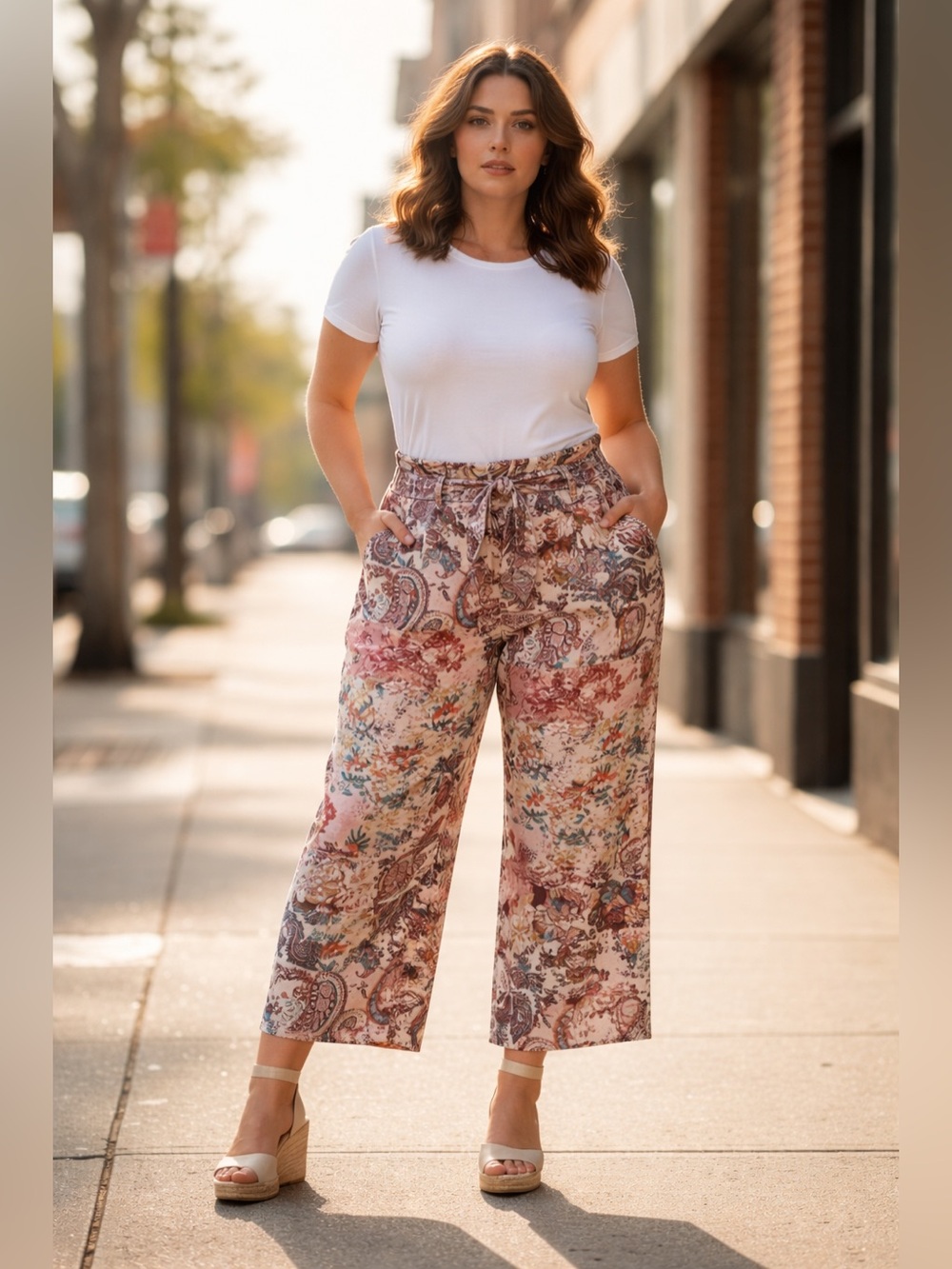 Sigrid Olsen Belted Linen Cropped Wide Leg Pants Floral Paisley Pink Coastal